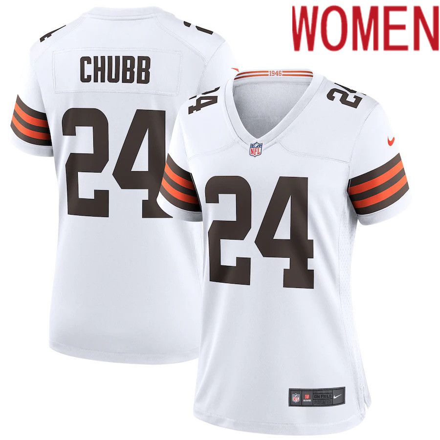 Women Cleveland Browns #24 Nick Chubb Nike White Game NFL Jersey->women nfl jersey->Women Jersey